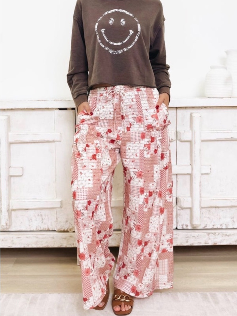 Patchwork Floral Wide-Leg Lounge Pants - Pink